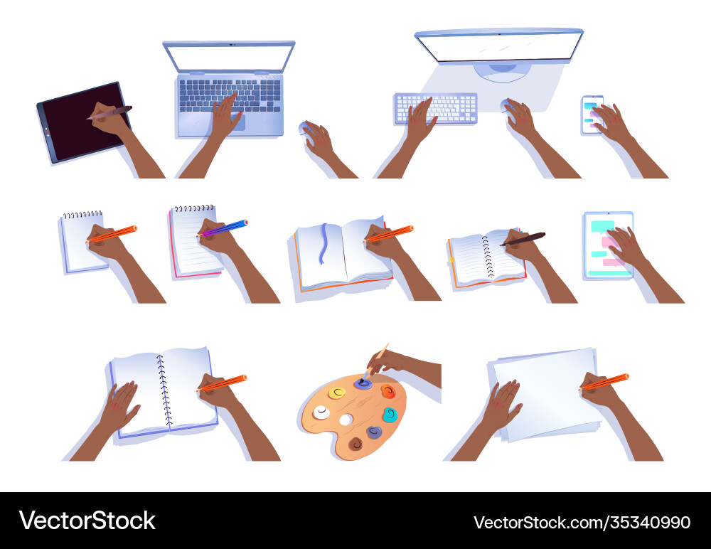 Hands with computers and notebooks vector image