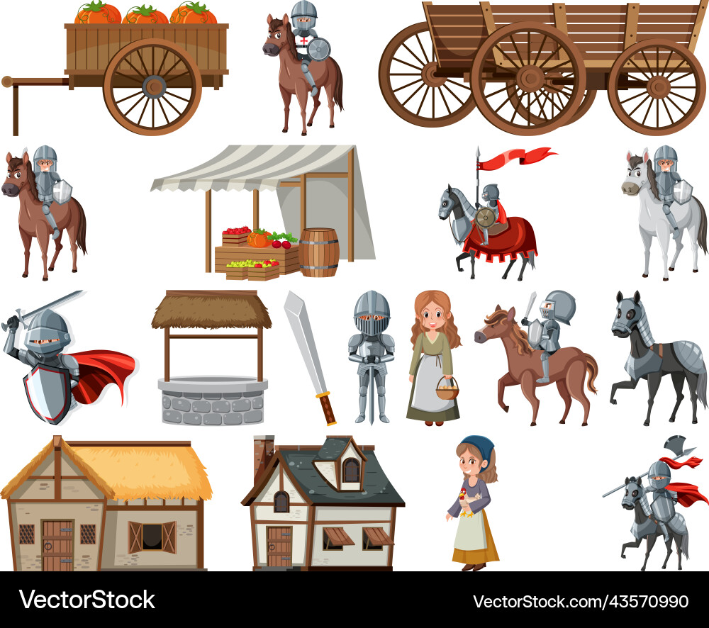 Medieval cartoon characters and objects vector image