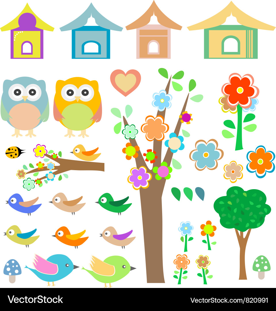 Cute Birds and Birdhouses with Flowers and Owls vector image