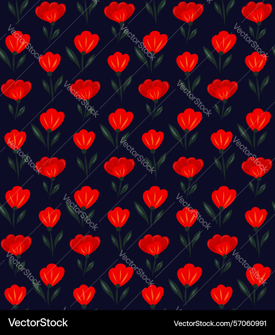Ditsy pattern with red poppies in a row on dark Vector Image