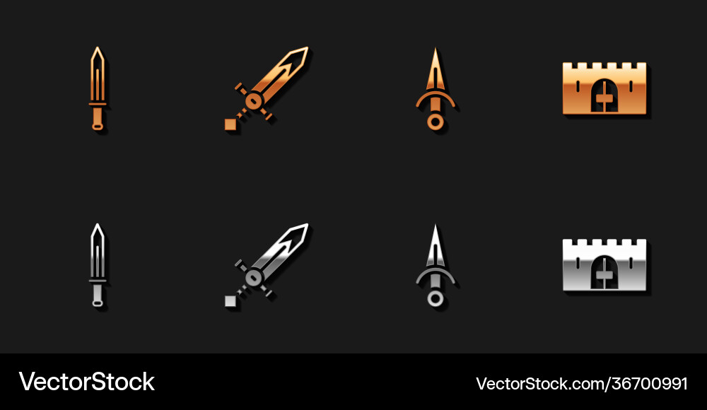 Set medieval sword dagger and castle gate icon Set medieval sword dagger and castle gate icon Vector Image
