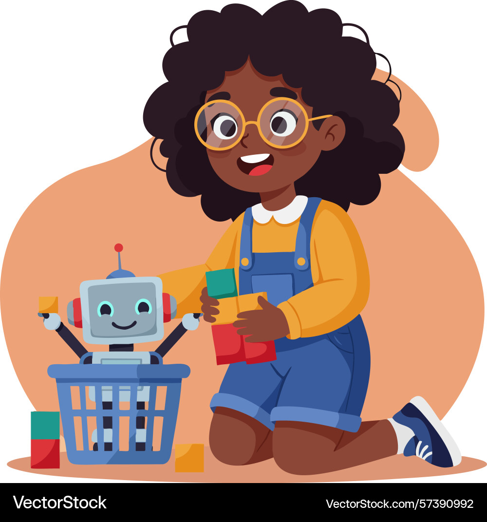 Child playing with robot toy and colorful blocks Vector Image