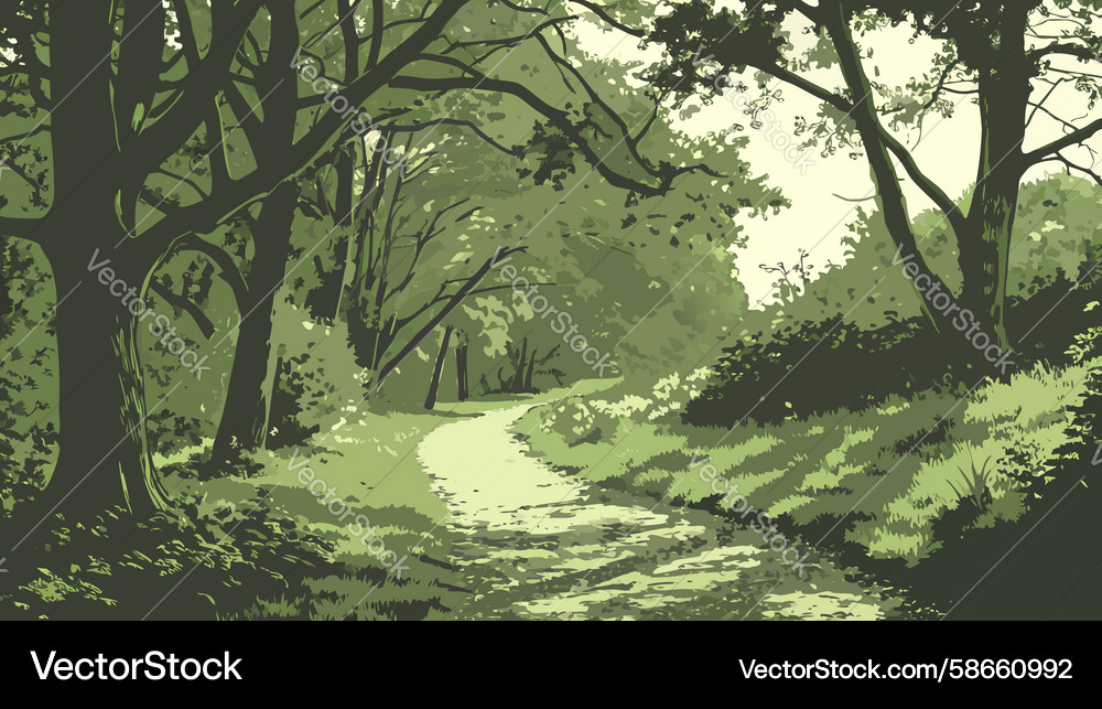 Dark enchanted forest path with overgrown trees Vector Image