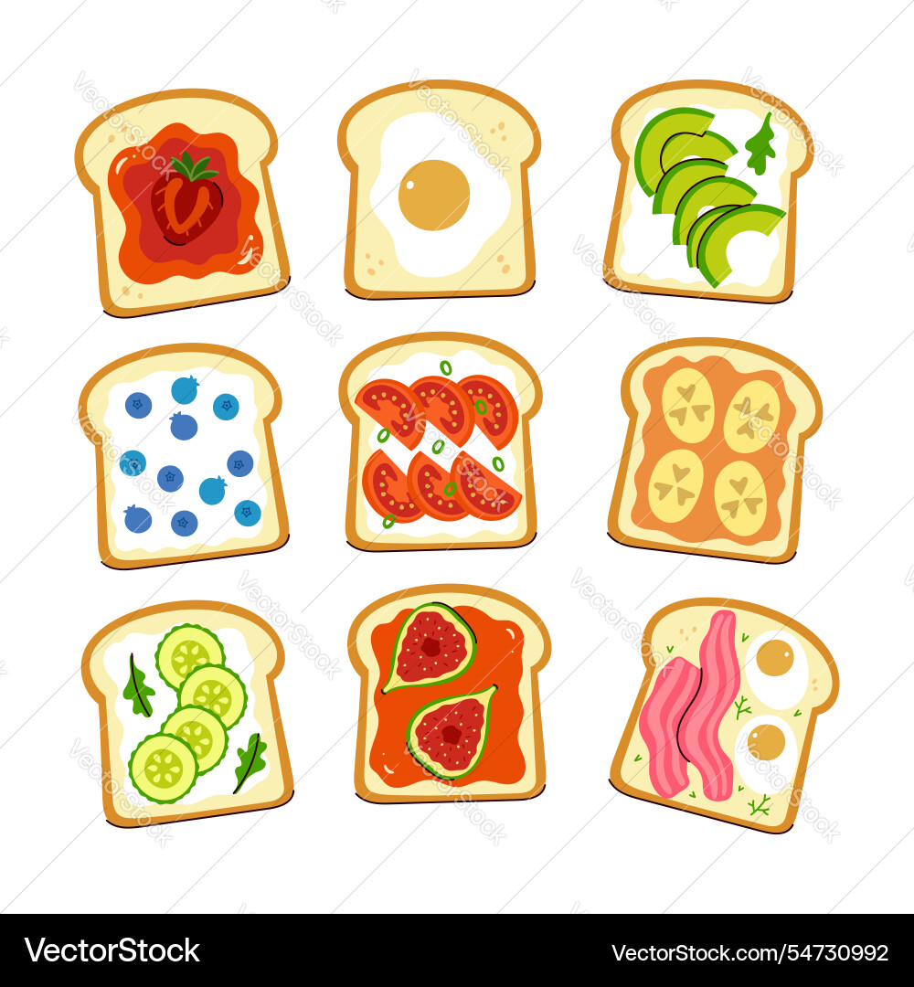 Set of different toasts with fillings Set of different toasts with fillings vector image