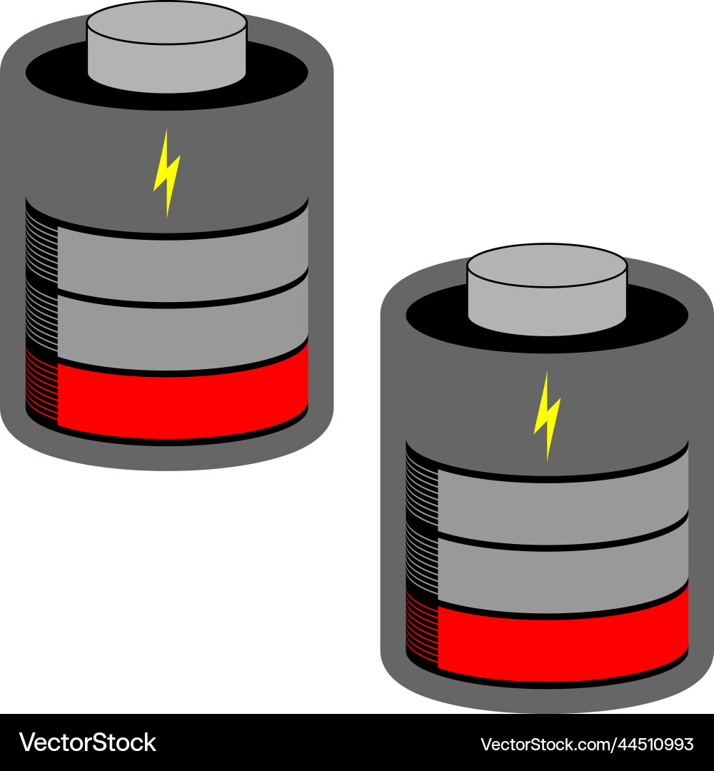 Two battery cells low loaded with red status bar Vector Image