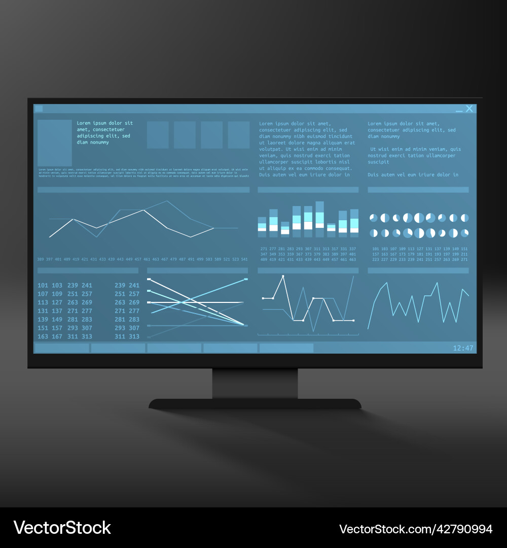 3d digital lcd screen with big data charts monitor 3d digital lcd screen with big data charts monitor vector image