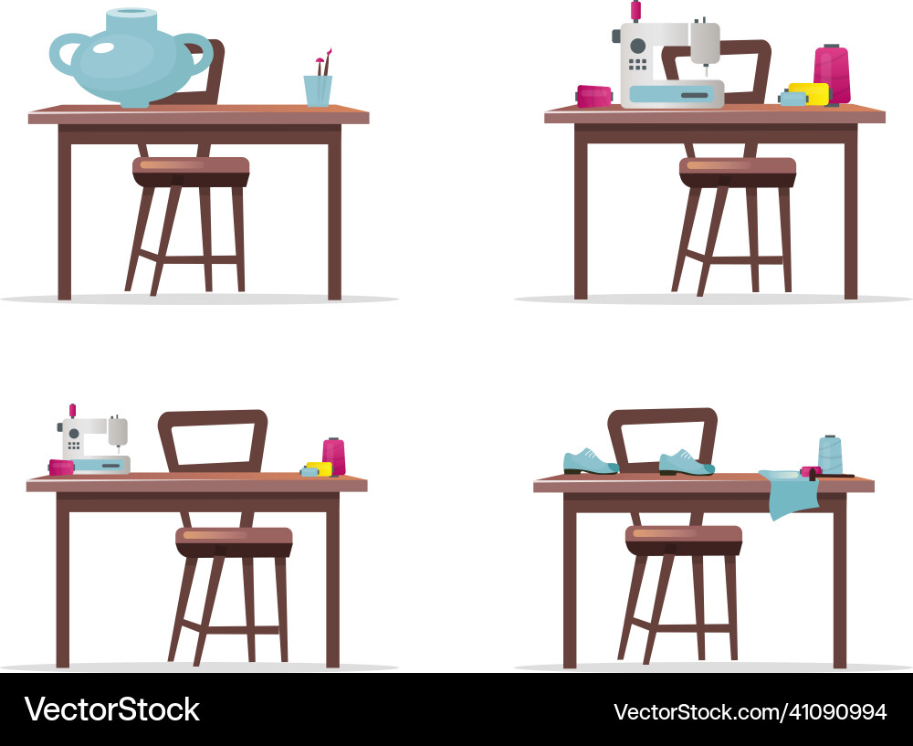 Craft work tables flat color objects set Craft work tables flat color objects set vector image