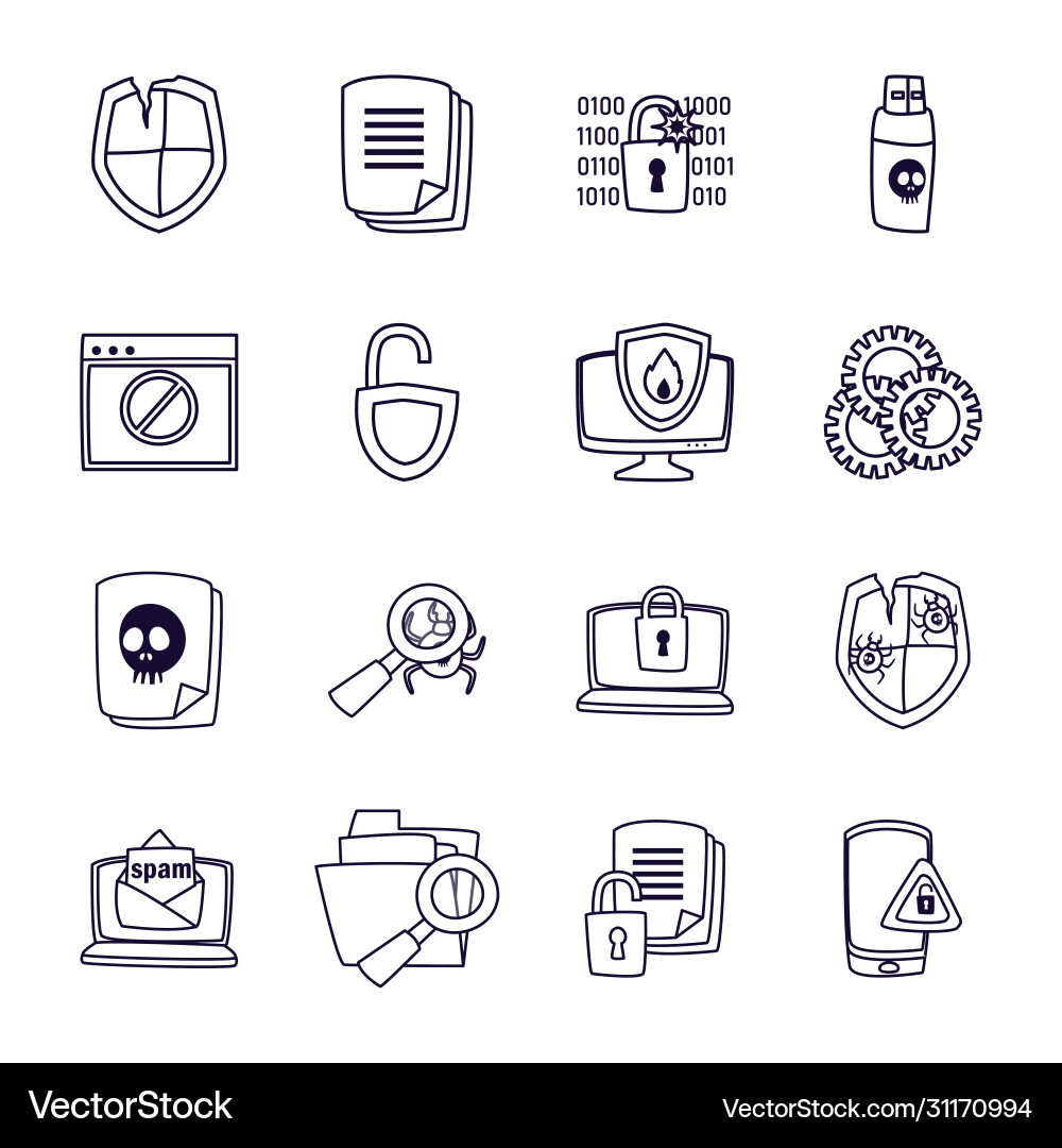 Hack information line style icon set design Vector Image