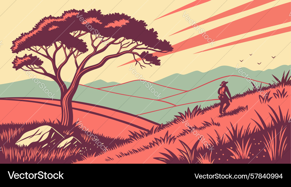 Lone tree in grassy field with person design Vector Image