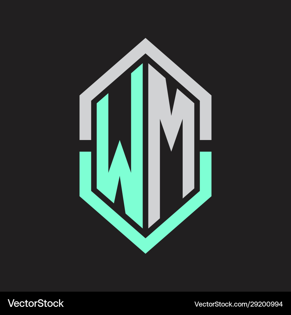 Wm logo monogram with hexagon shape and outline vector image