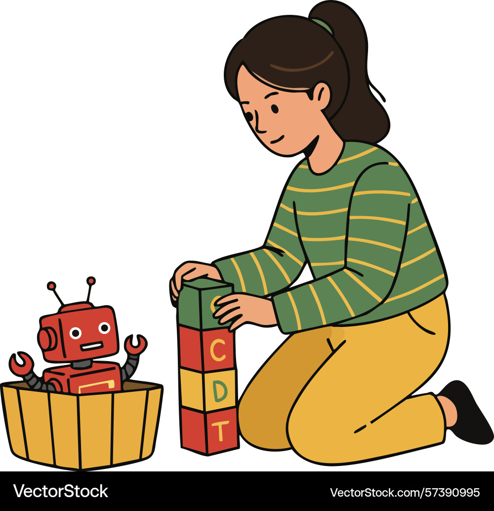 Child playing with colorful building blocks Child playing with colorful building blocks Vector Image