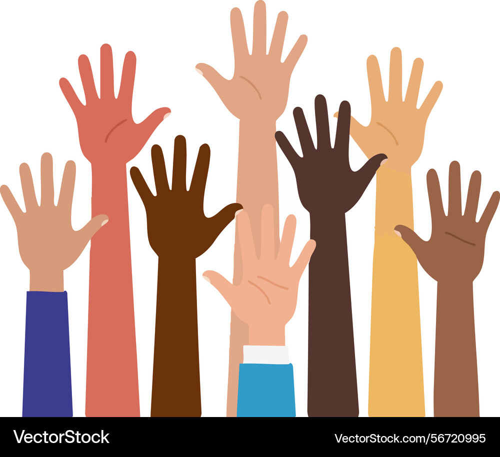 Diverse raised hands showing unity and inclusion Vector Image