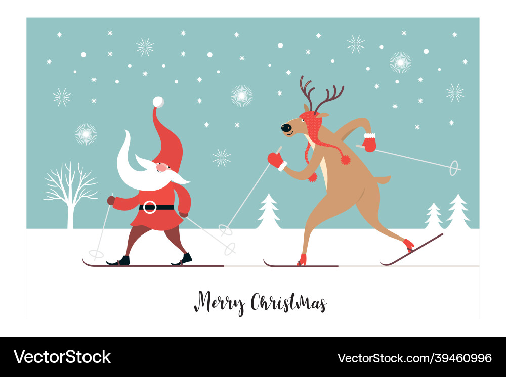 Christmas Gnome and Deer Skiing vector image