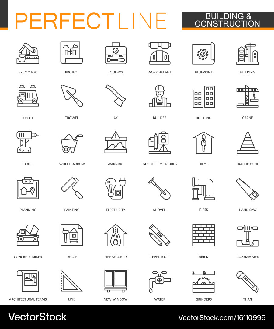 Construction Line Icons - Building Tools vector image