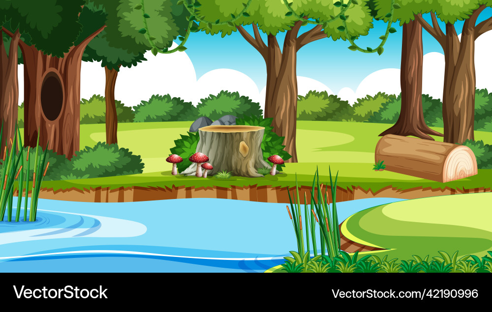Empty forest scene with trees and river Empty forest scene with trees and river Vector Image