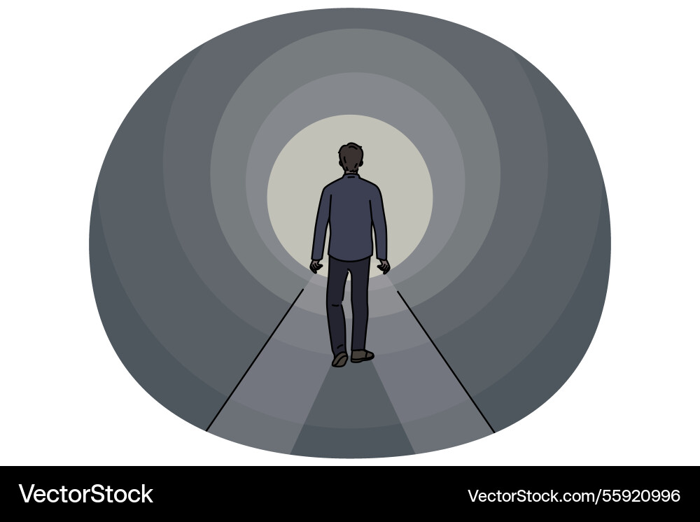 Man walks through tunnel towards exit striving Man walks through tunnel towards exit striving vector image
