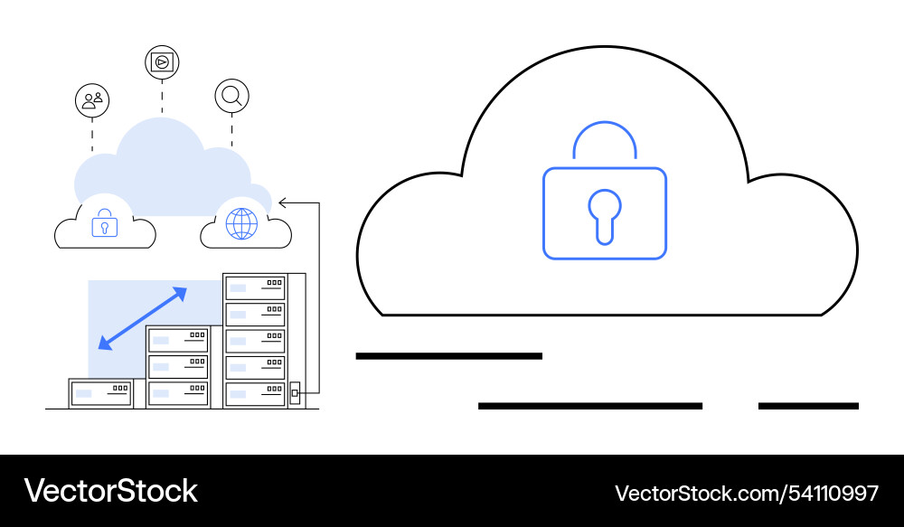 Cloud security concept with server racks lock Cloud security concept with server racks lock vector image