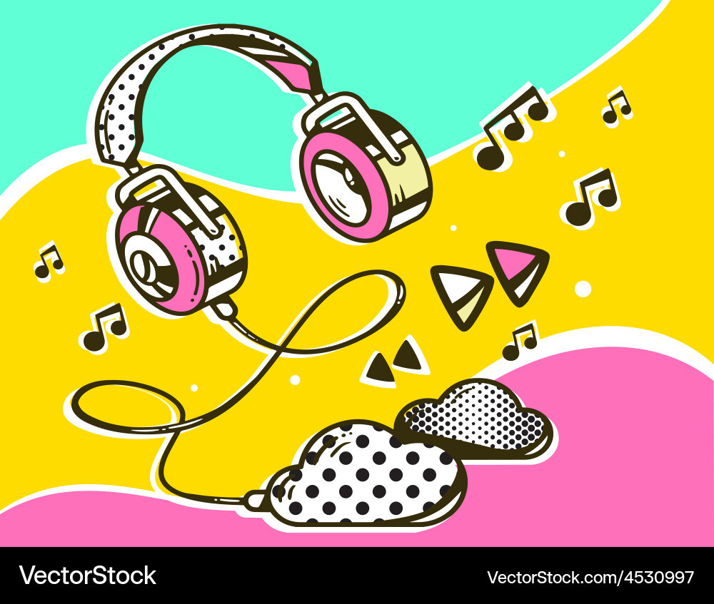 Headphone with clouds on colorful background Vector Image