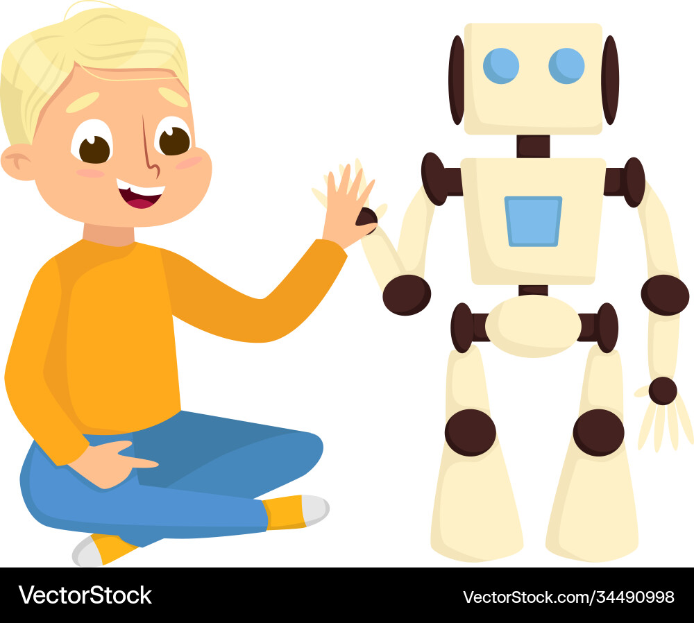 Boy playing with smart robot electronics Boy playing with smart robot electronics vector image