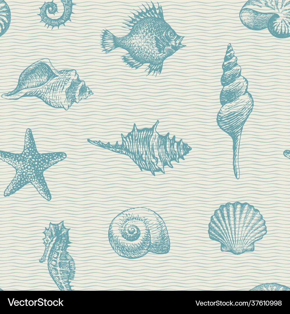 Seamless pattern with seashells various shapes Seamless pattern with seashells various shapes vector image