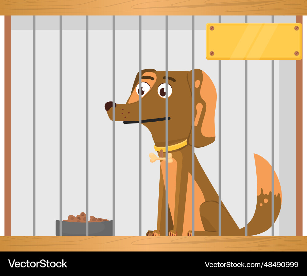 Homeless puppy in metal cage cartoon dog shelter Homeless puppy in metal cage cartoon dog shelter vector image