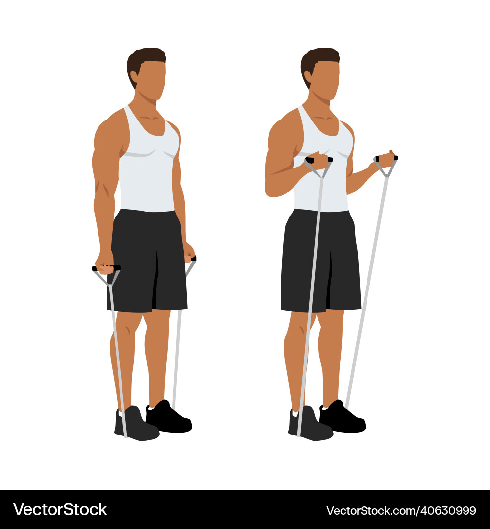 Man doing resistance band bicep curls exercise Man doing resistance band bicep curls exercise vector image