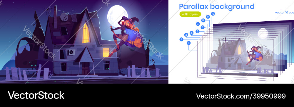 Parallax background with flying witch and house Parallax background with flying witch and house vector image