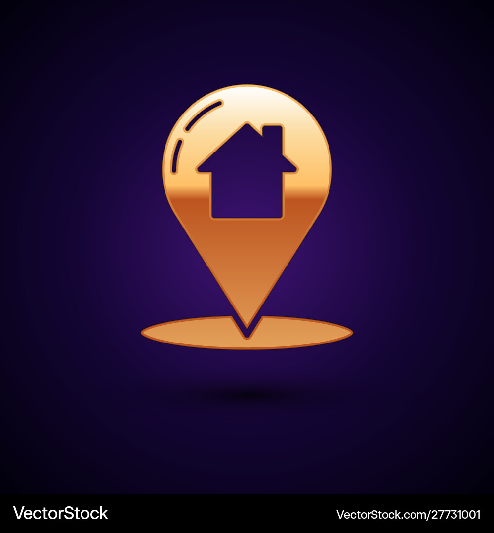Gold map pointer with house icon isolated on dark Vector Image