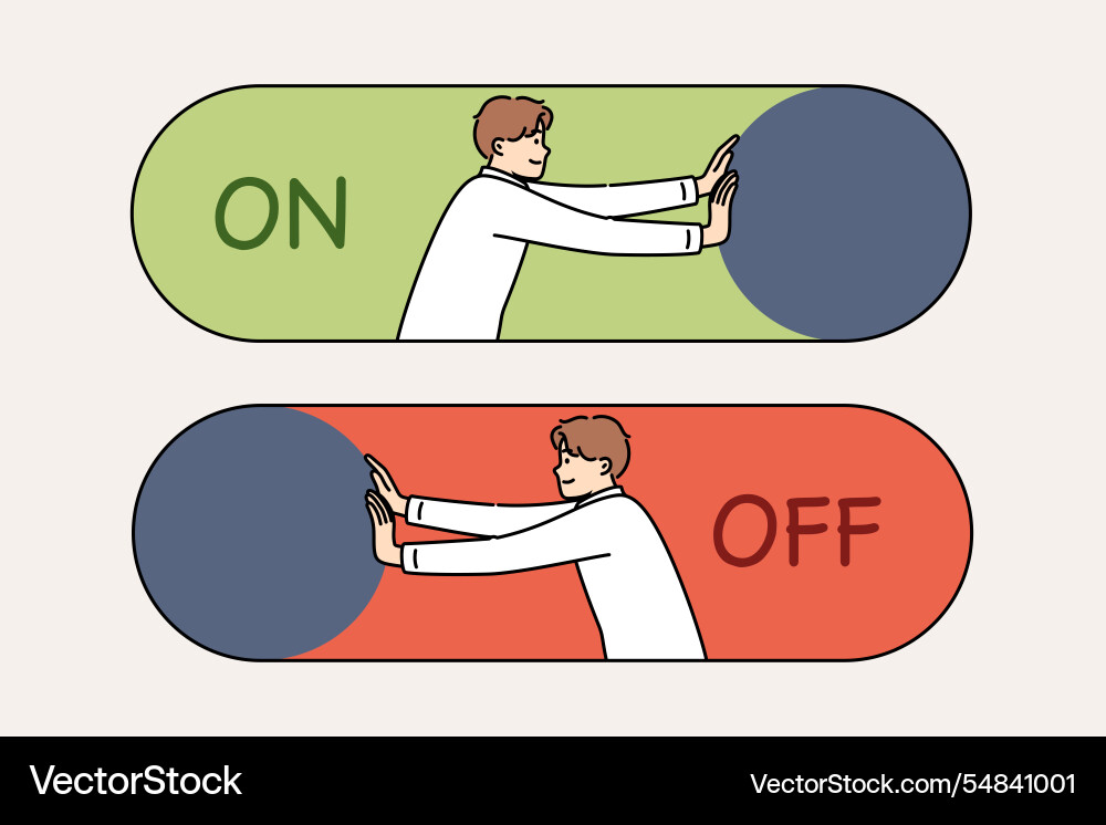 Man presses on and off button to start new project Man presses on and off button to start new project vector image