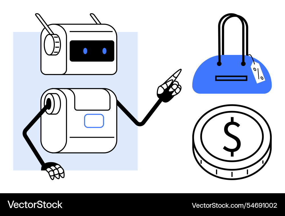 Robot pointing at a handbag and coin Robot pointing at a handbag and coin Vector Image