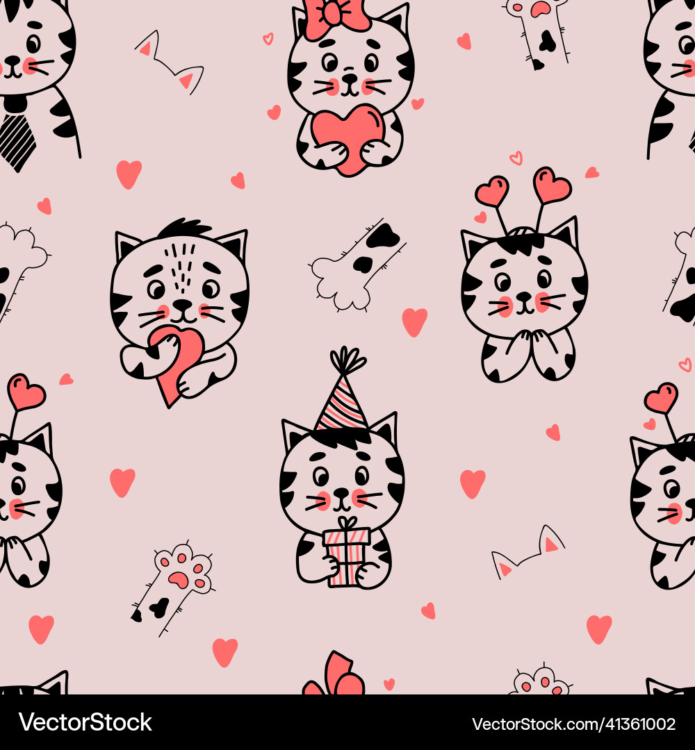 Seamless pattern cute cat characters with hearts Seamless pattern cute cat characters with hearts Vector Image