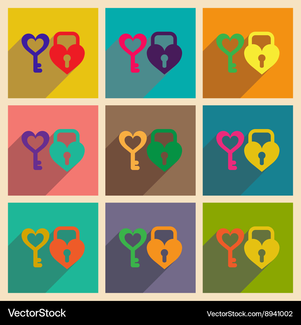 Set flat web icons with long shadow key lock heart vector image