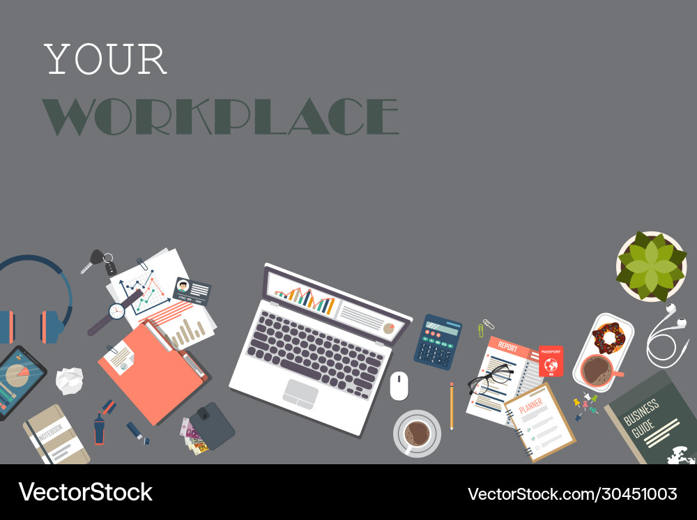 Business workspace top view office objects Business workspace top view office objects vector image