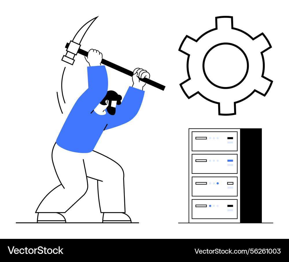 Man Bergbaudaten von Server mit Pickaxe und Getriebe Man Bergbaudaten von Server mit Pickaxe und Getriebe vektorbild