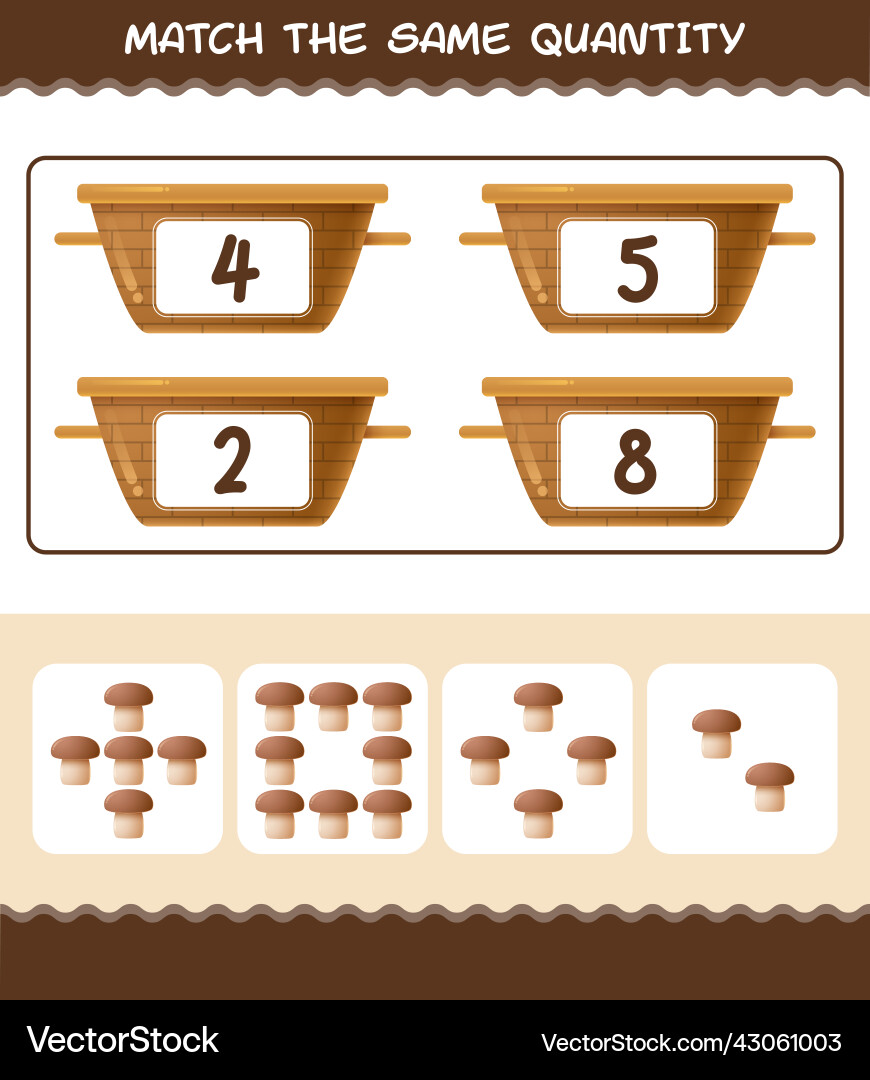 Match the same quantity of mushroom counting game Vector Image