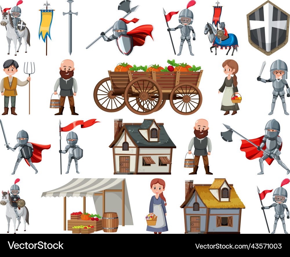 Medieval cartoon characters and objects vector image