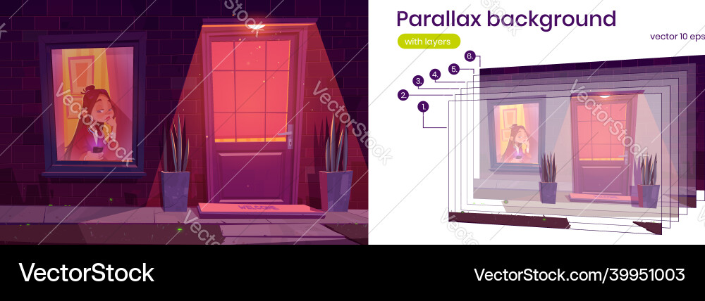 Parallax background with unhappy girl by window Parallax background with unhappy girl by window vector image