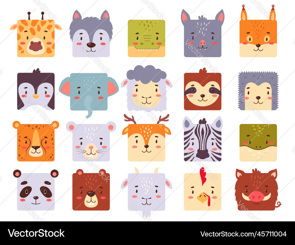 Cute Animal Face Icons - Kawaii Set Vector Image