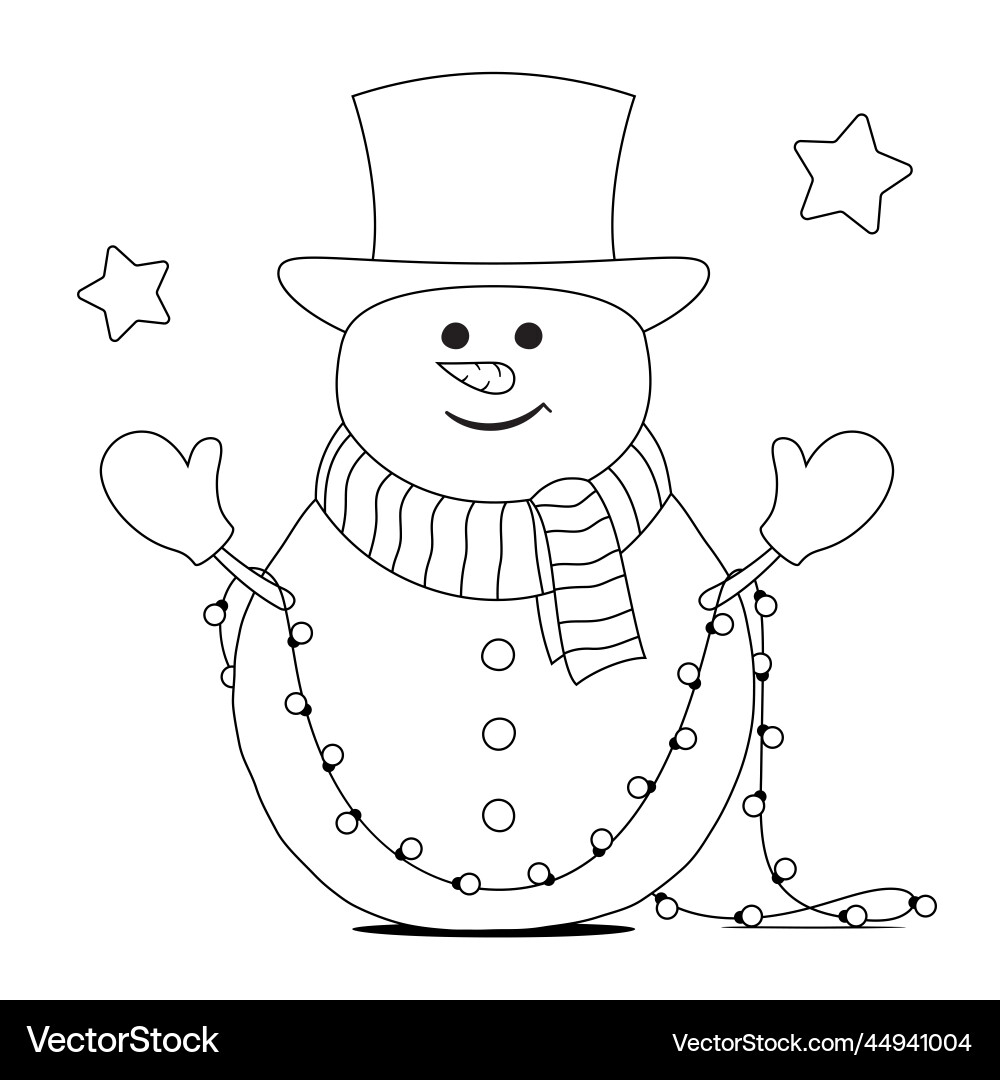 Happy snowman with top hat and christmas lights Vector Image