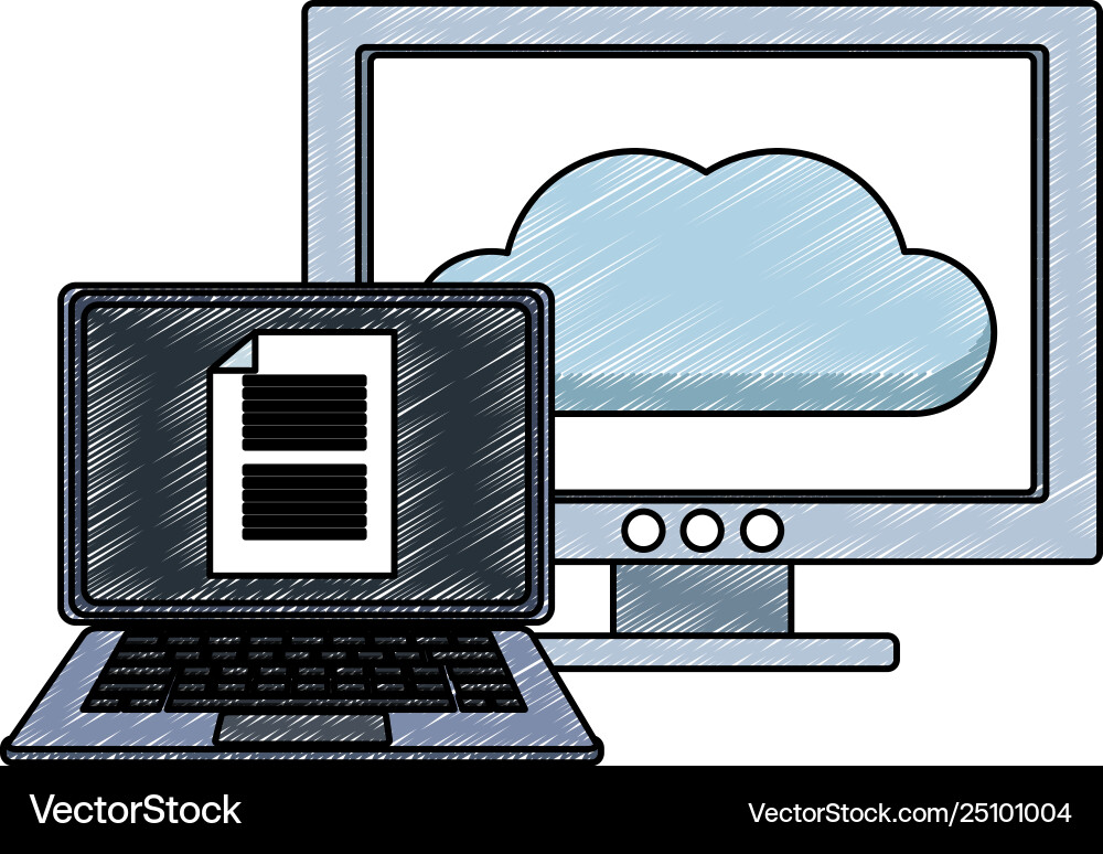 Laptop and computer with cloud computing scribble Laptop and computer with cloud computing scribble Vector Image