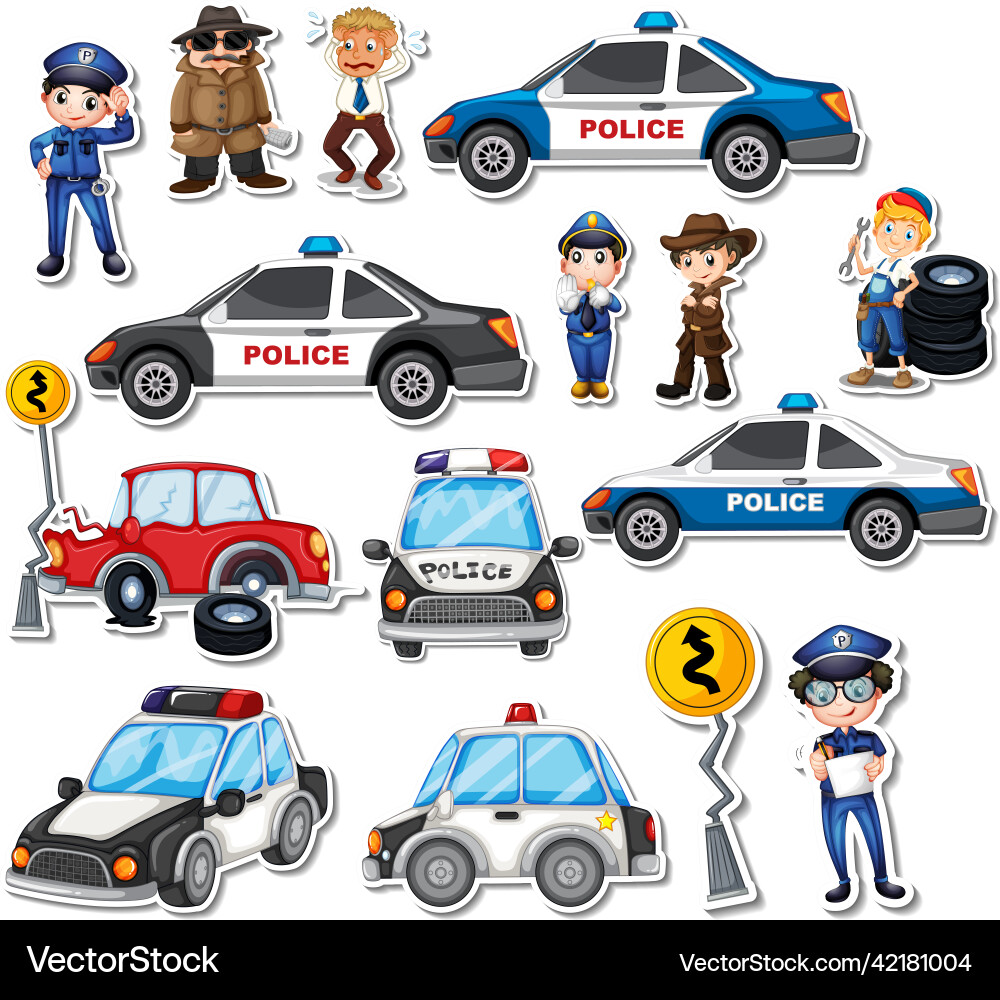 Sticker set of professions characters and objects Sticker set of professions characters and objects Vector Image
