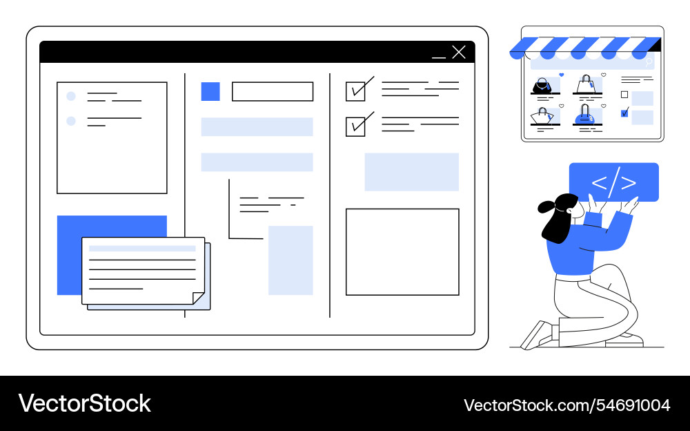 Web developer working on online store interface Web developer working on online store interface vector image