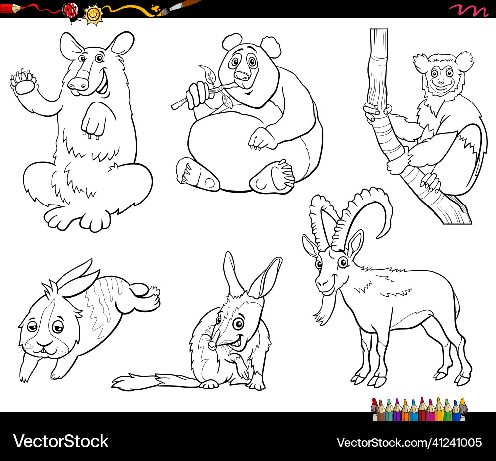 Cartoon animals characters set coloring book page Cartoon animals characters set coloring book page vector image