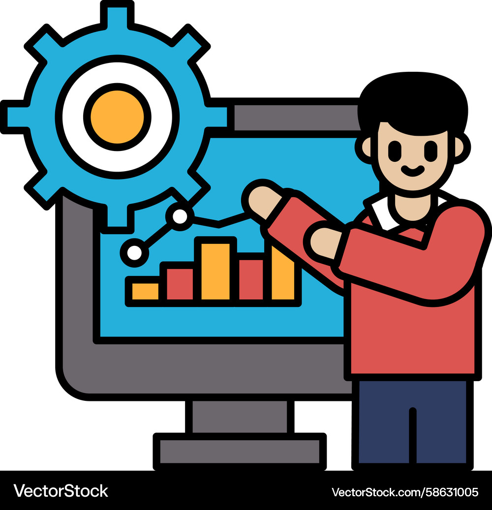 Man Drawing Gears on Computer Screen Vector Image