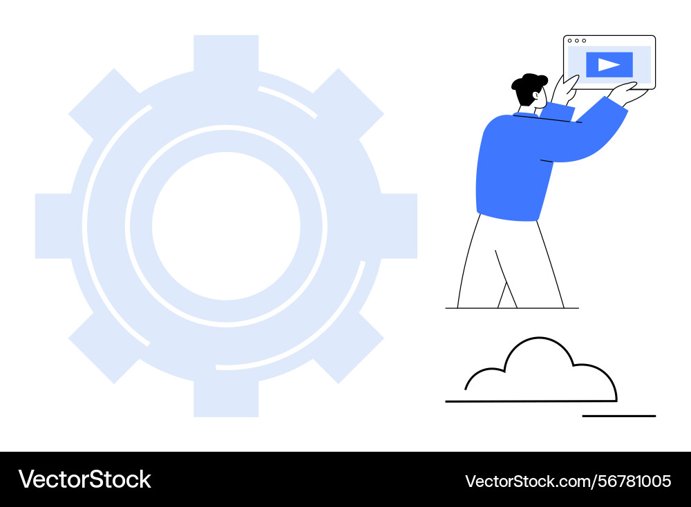 Man interacting with media player next to gear Man interacting with media player next to gear vector image