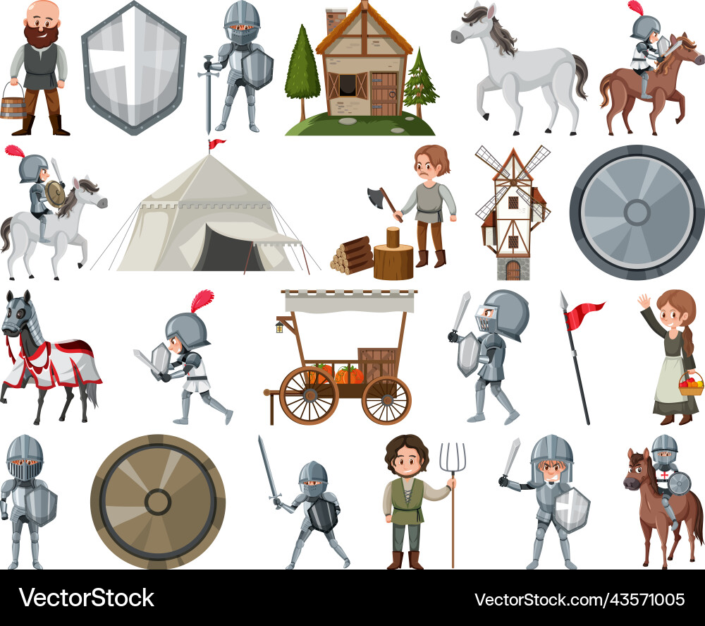 Medieval cartoon characters and objects vector image