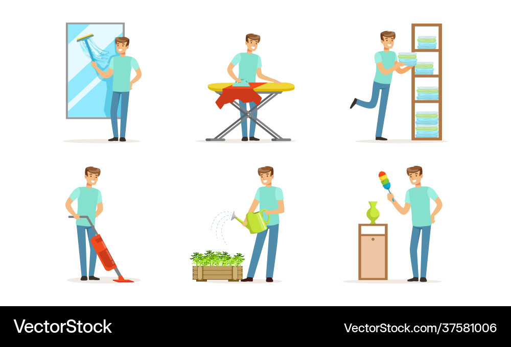 Happy man cleaning mirror ironing folding Happy man cleaning mirror ironing folding vector image