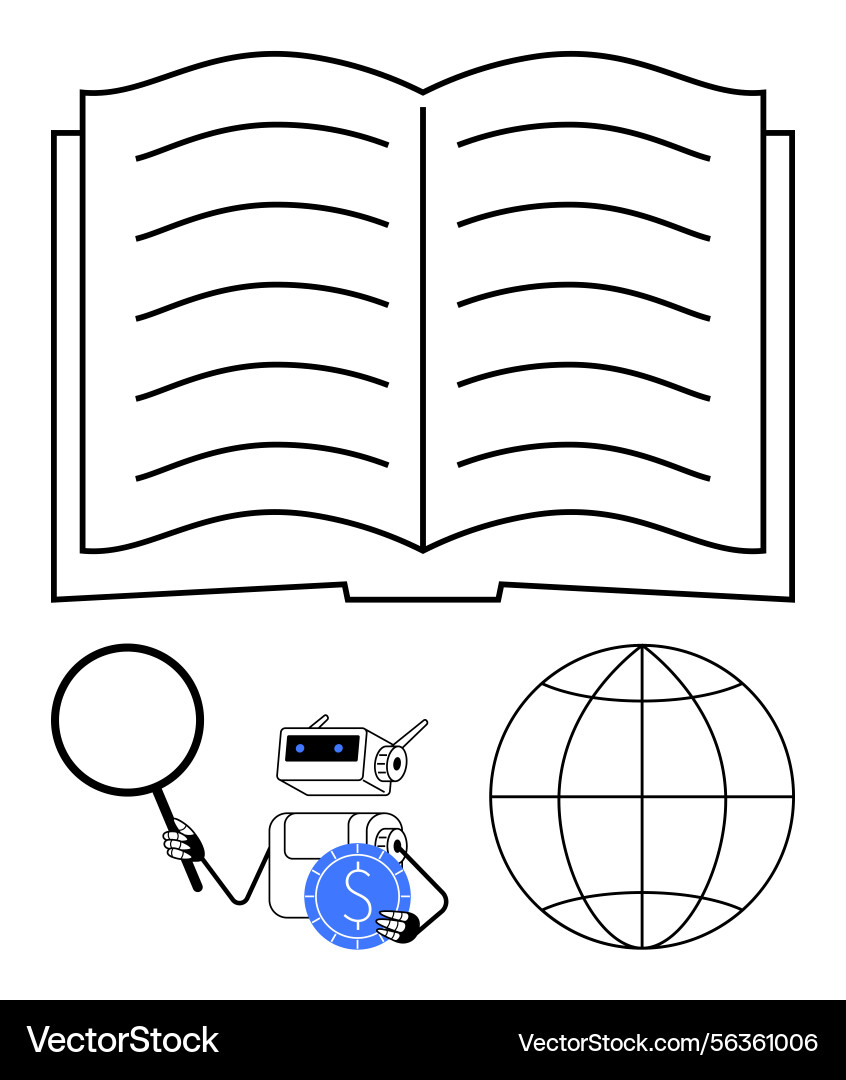 Open book robot with magnifier and coin Open book robot with magnifier and coin vector image