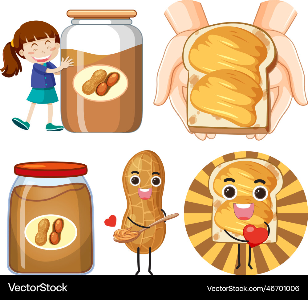 Peanut butter elements and icons set vector image