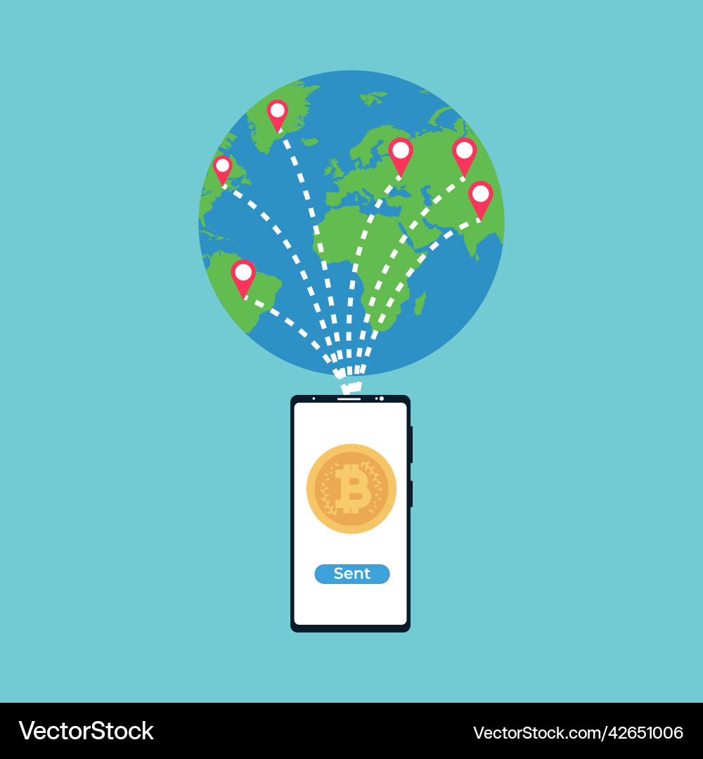 Sending bitcoin to anywhere in the world Sending bitcoin to anywhere in the world vector image